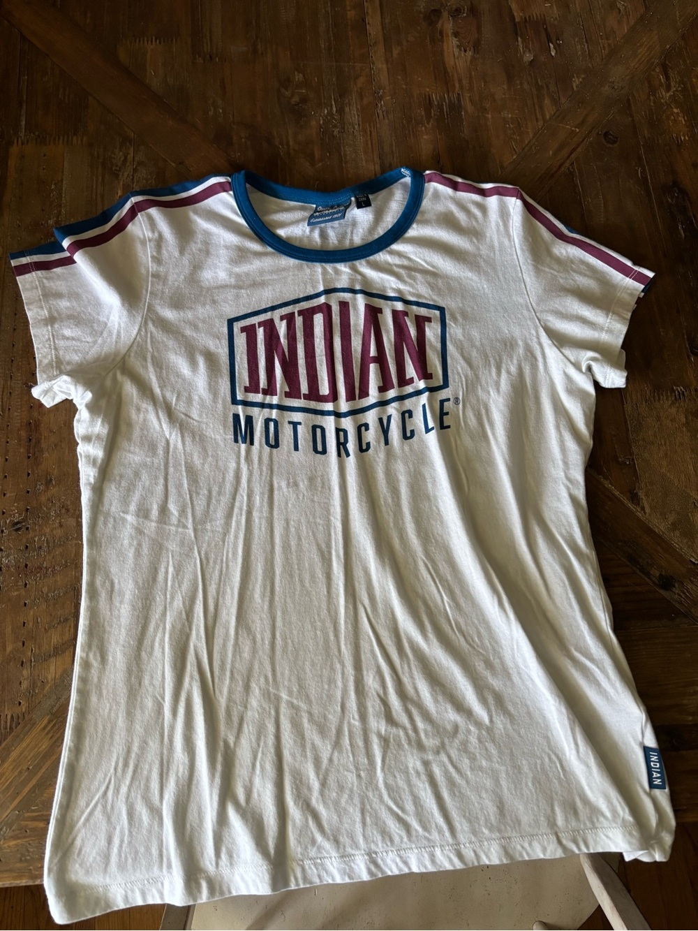 Indian Motorcycle Women’s White Logo Tee with Blue & Maroon Striped Accents - Picture 7 of 8